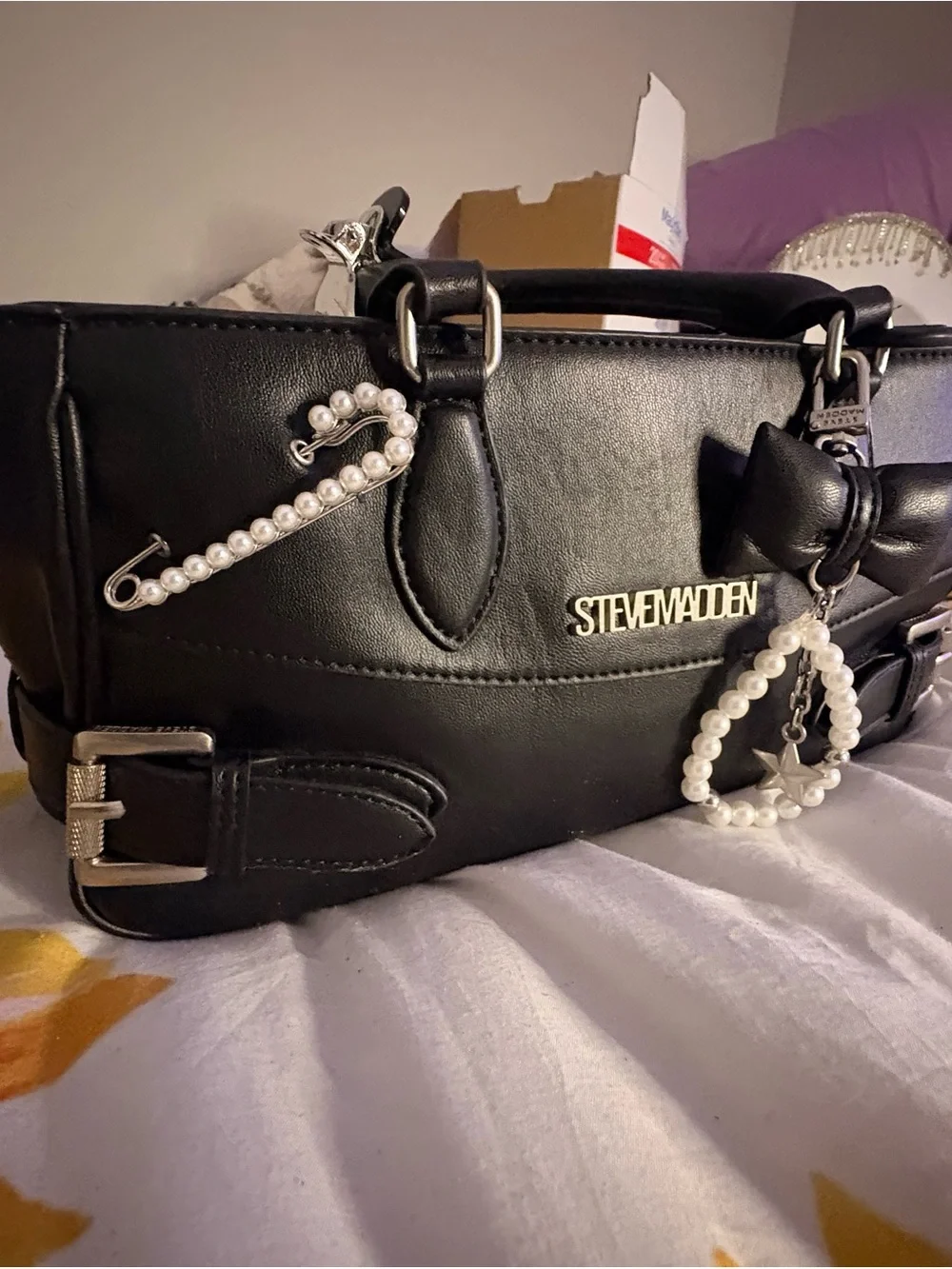 Steve Madden Black Satchel with Pearl Charm and Bow Detail